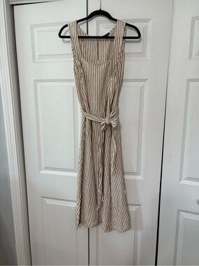 Ann Taylor Striped Tie-Waist Midi Dress - Cream/Tan